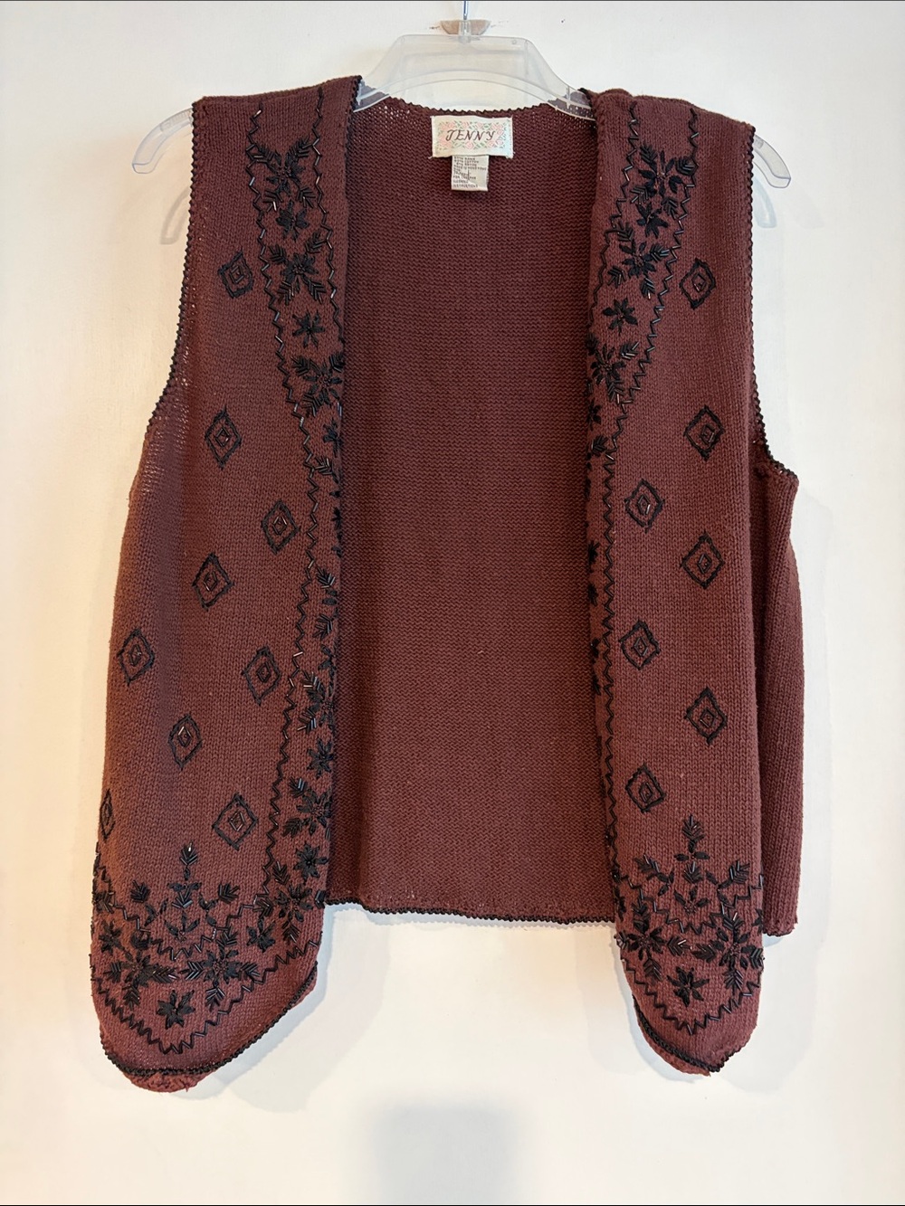Vintage Jenny Beaded V-Neck Button Sweater Vest Size L Scalloped Knit Brown